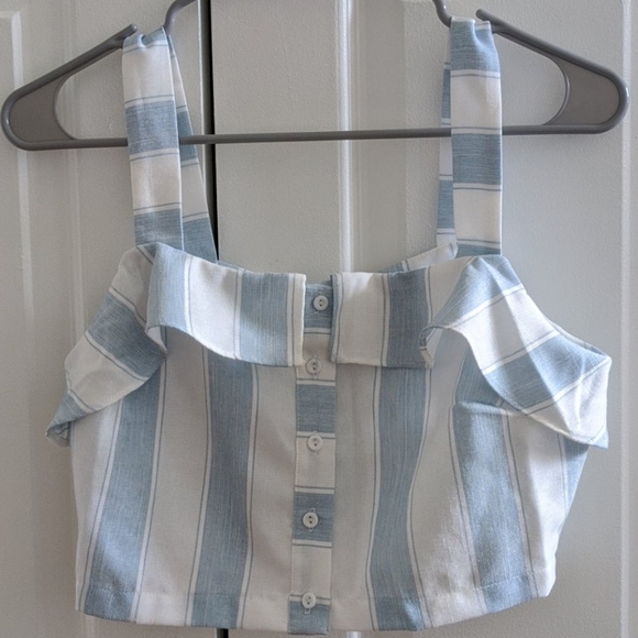 Blue and White Vertical Stripe Crop Tank Top - Picture 1 of 3